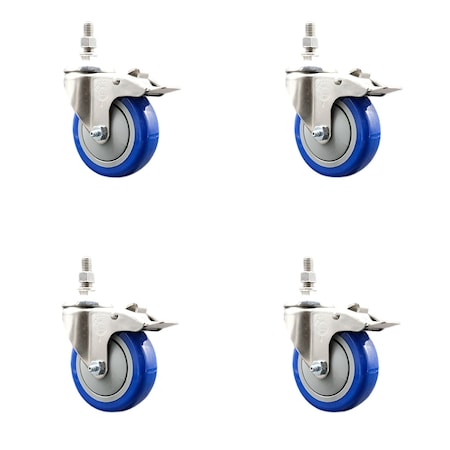 Service Caster 4 Inch 316SS Blue Polyurethane Wheel Swivel 1/2 Inch Stem Caster Set Lock Brake SS316TSTTL20S414-PPUB-BLUE-121315-4